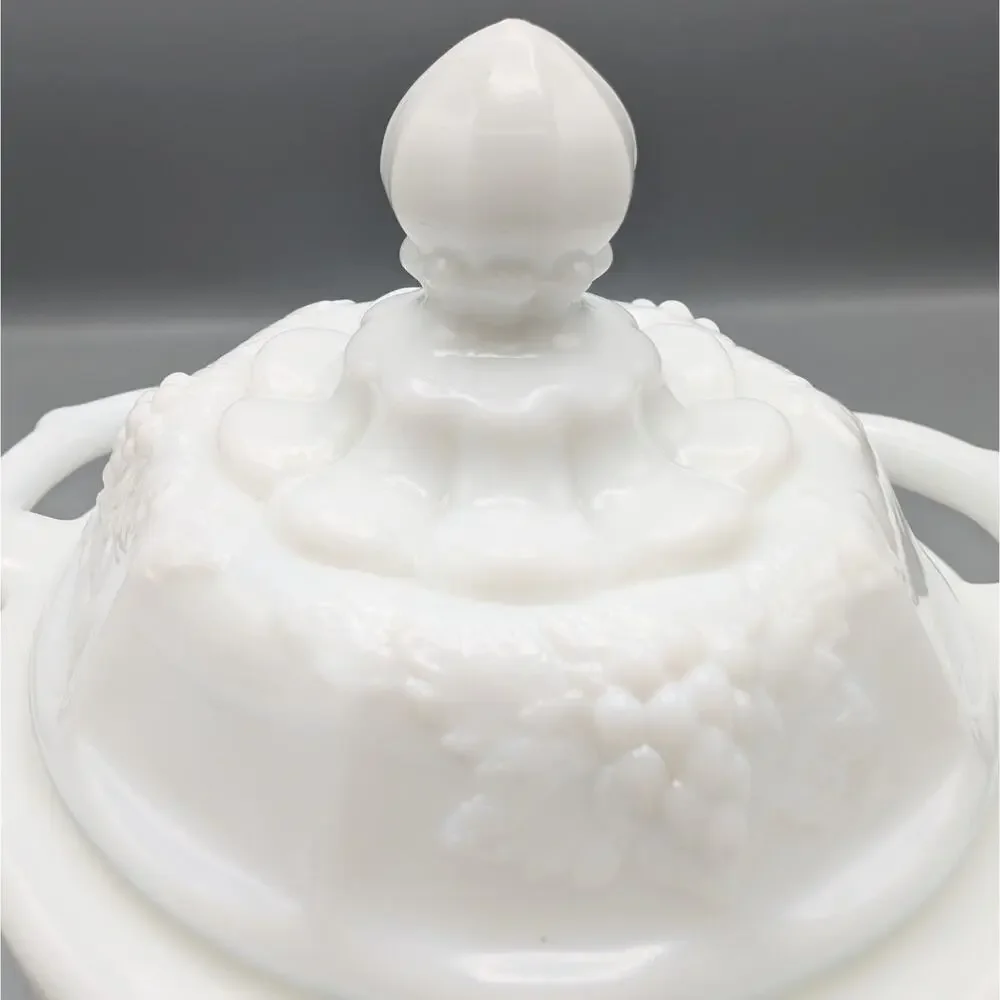 Westmoreland Paneled Grape Milk Glass Lidded Jar Candy Dish Lace Edge